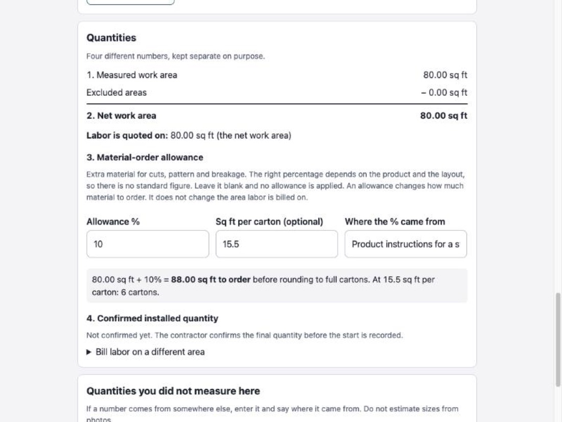 The measuring step: 8 feet by 10 feet equals 80 square feet, with a 10 percent material allowance shown separately as 88 square feet to order