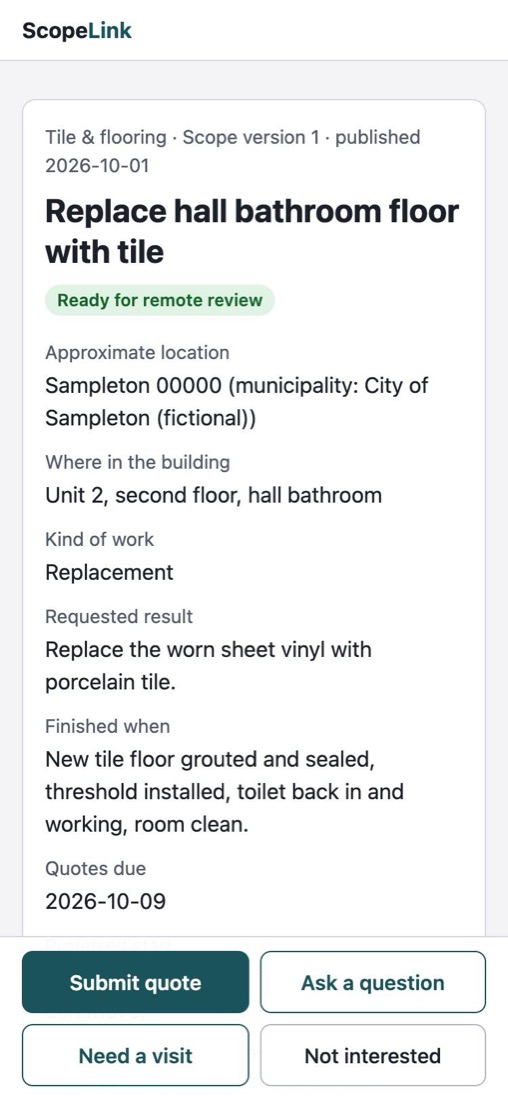 The packet a contractor sees on a phone, with buttons to submit a quote, ask a question, ask for a visit, or decline